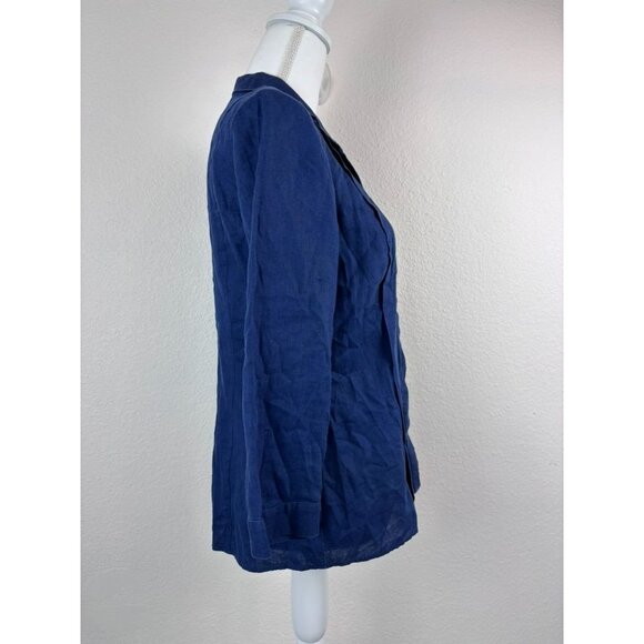 Lafayette 148 women's 6 navy blue linen pleated collared button down 3/4 sleeve - Picture 6 of 9